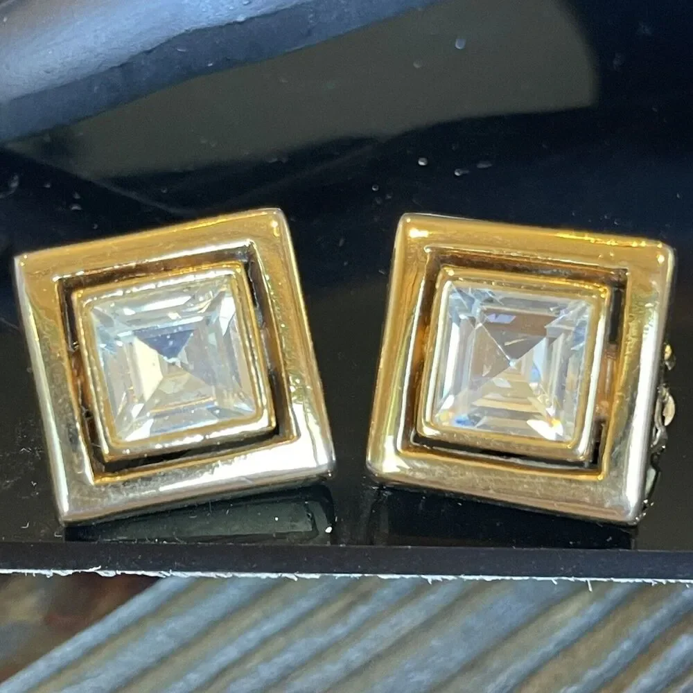 PIERRE CARDIN Square CZ Crystal Earrings Gold Tone ClipOn Heavy Chunky Statement